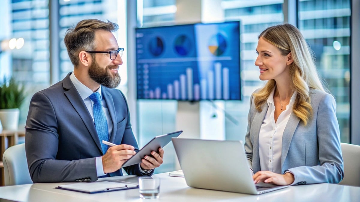 Business professionals discussing clinical research strategy